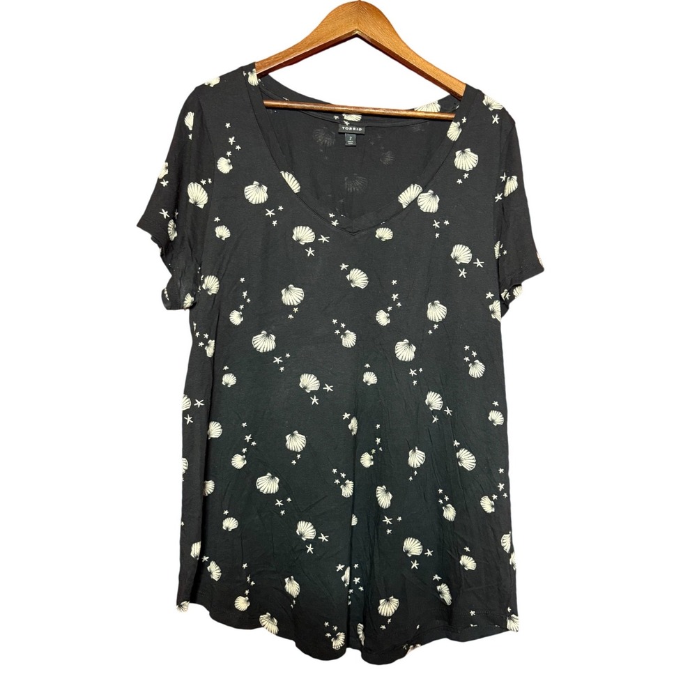 Torrid Excellent Seashell Starfish V-Neck Black Pullover T-Shirt Women 2X